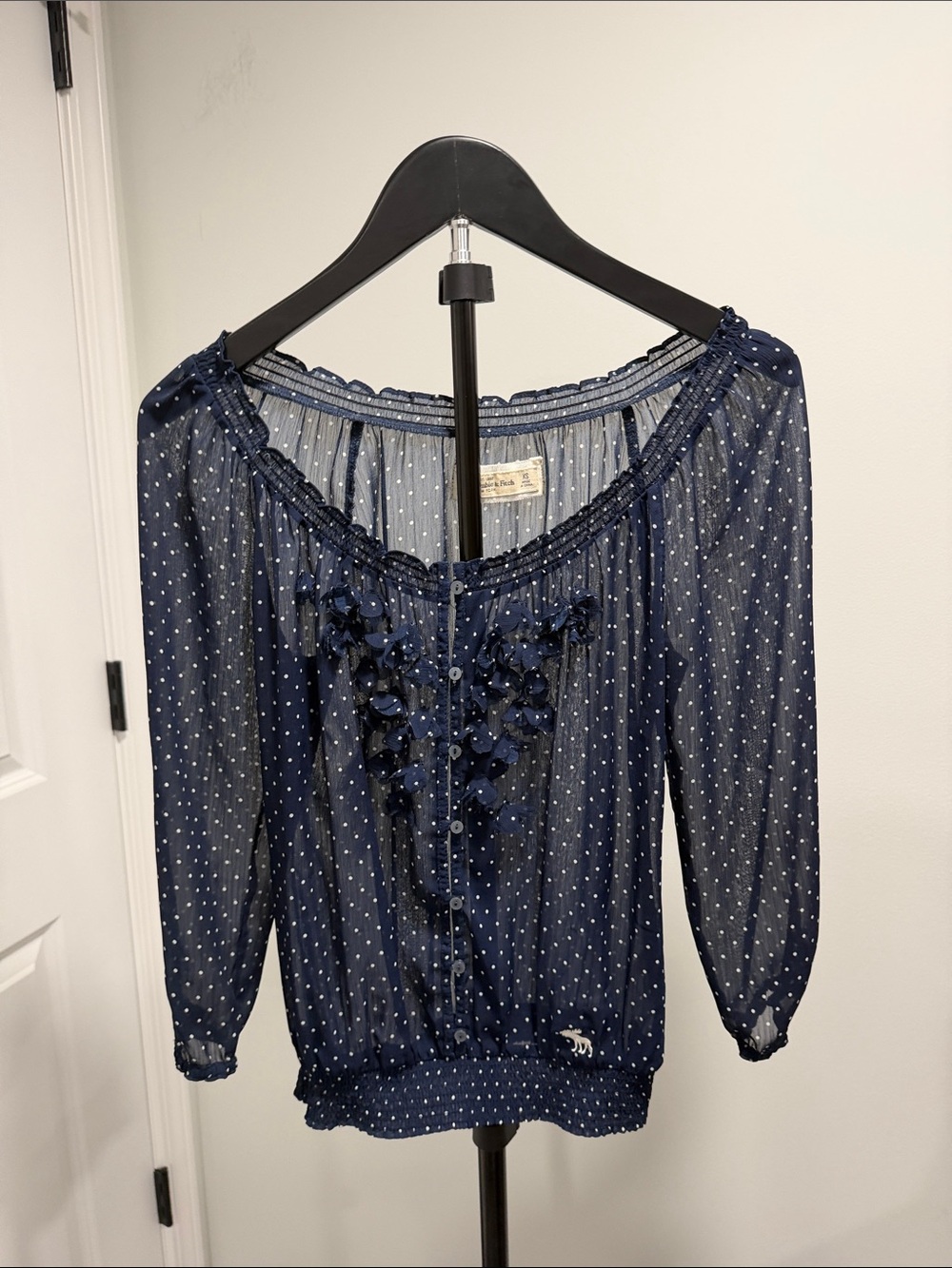 Abercrombie & Fitch Navy and White Polka Dot Ruffle Peasant Blouse